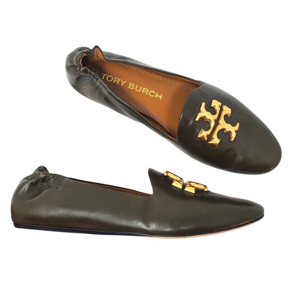 Tory Burch Shoes - Tory Burch Eleanor Loafers Flat Goat Leather Moss Olive Green Gold 84922 Size 8